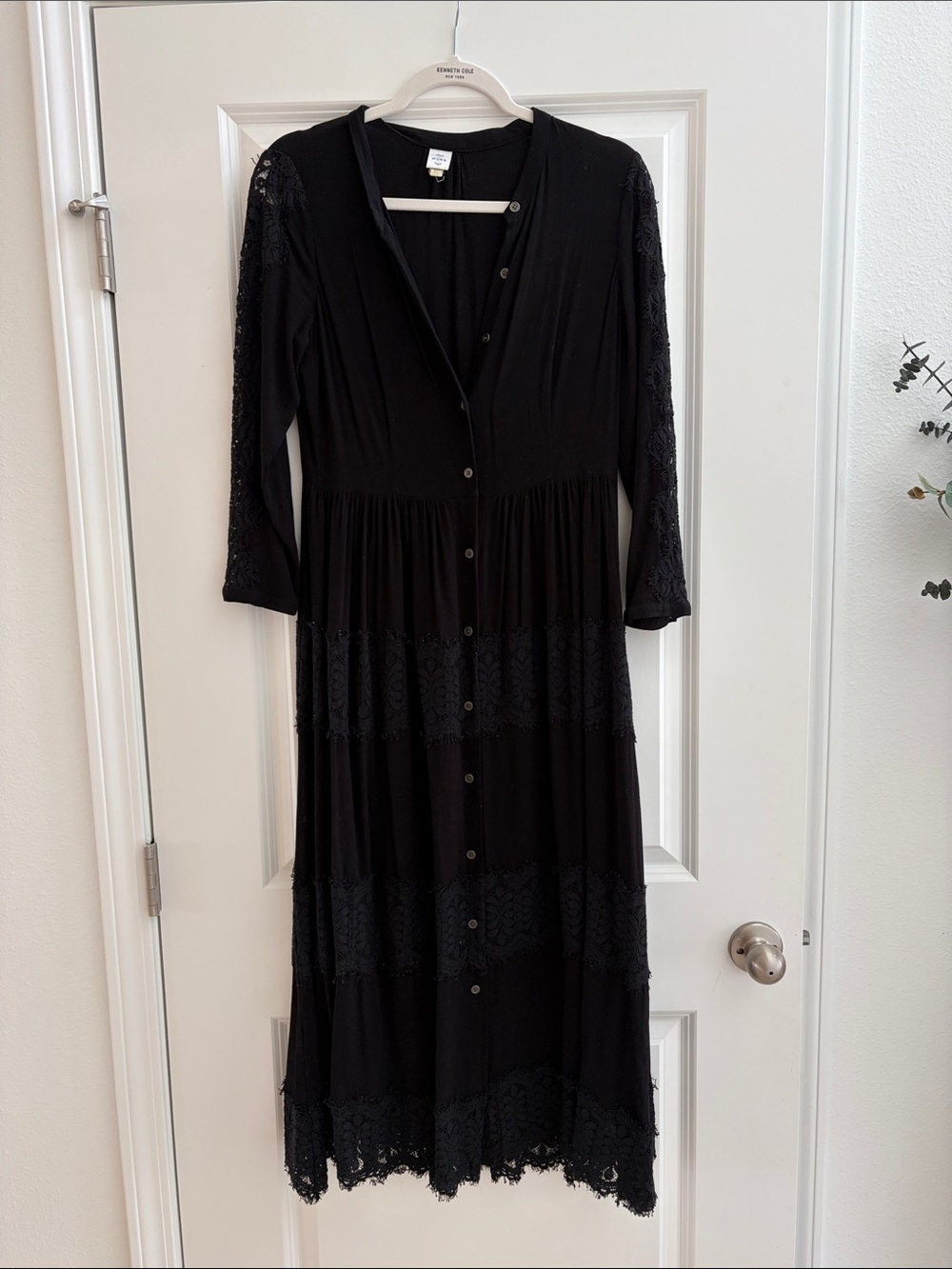 Anthropologie Black Button-Front Lace-Panel Maxi Dress